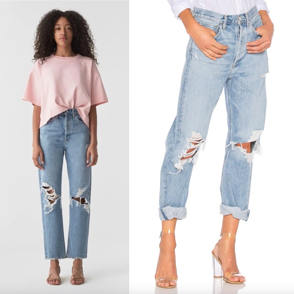 Agolde Light Blue Distressed Wide-Leg Jeans